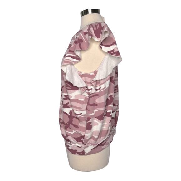Anthropologie T. La Sleeveless Ruffle Sweatshirt Rose Camo Print XL NWT - Picture 3 of 15